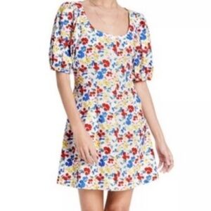 Rixo x Target Linen Blend Mini Shirt Dress M White Floral Puff Sleeves Cottage